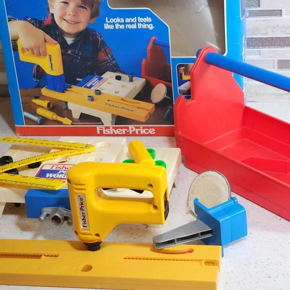 Vintage Fisher Price Power Workshop Tool Box Drill Caddy 1986 Toy With Box - Picture 7 of 11